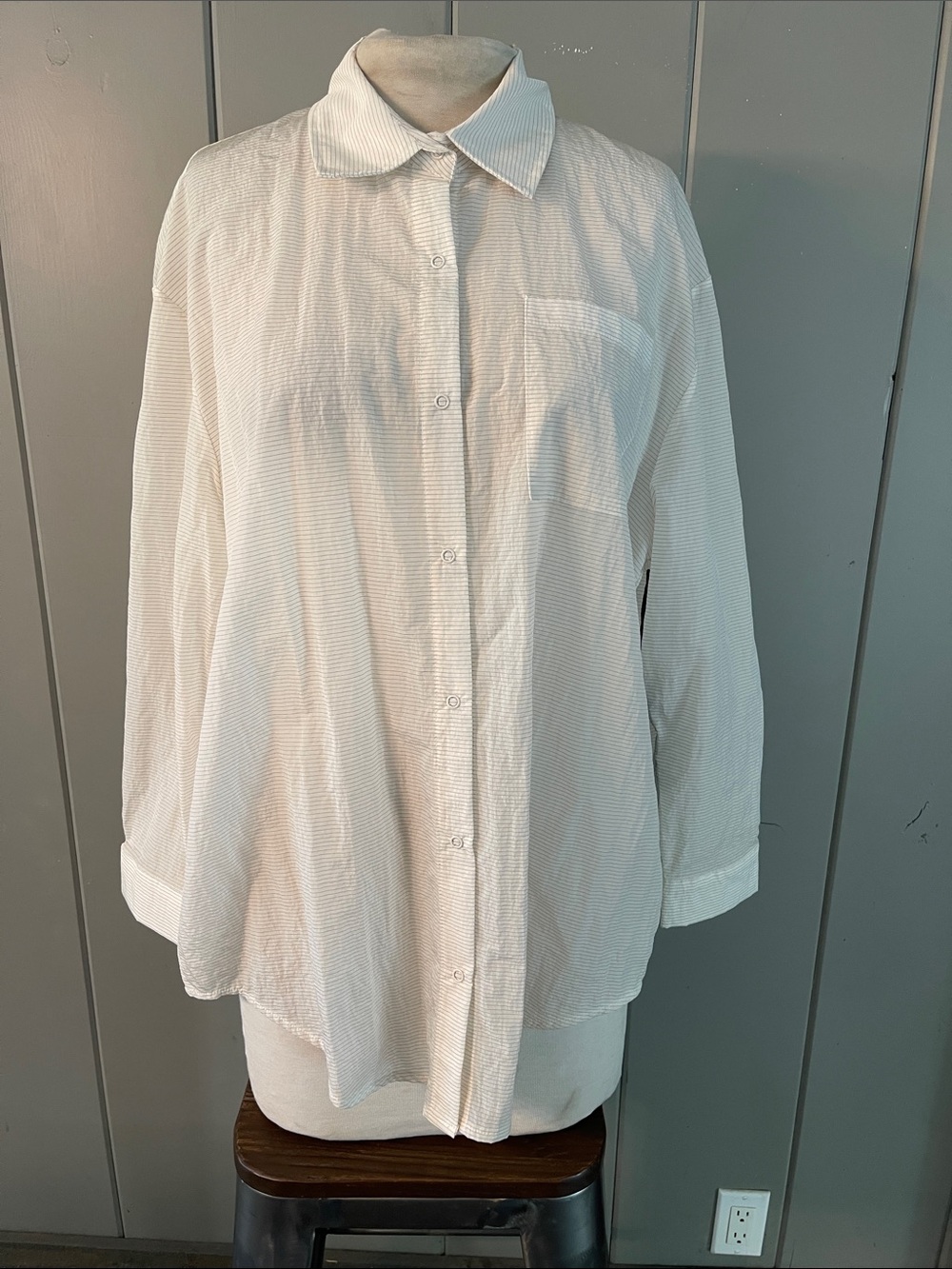 Forever 21 Collar Shirt White Stripe Oversized Minimalist Preppy Coastal Pockets